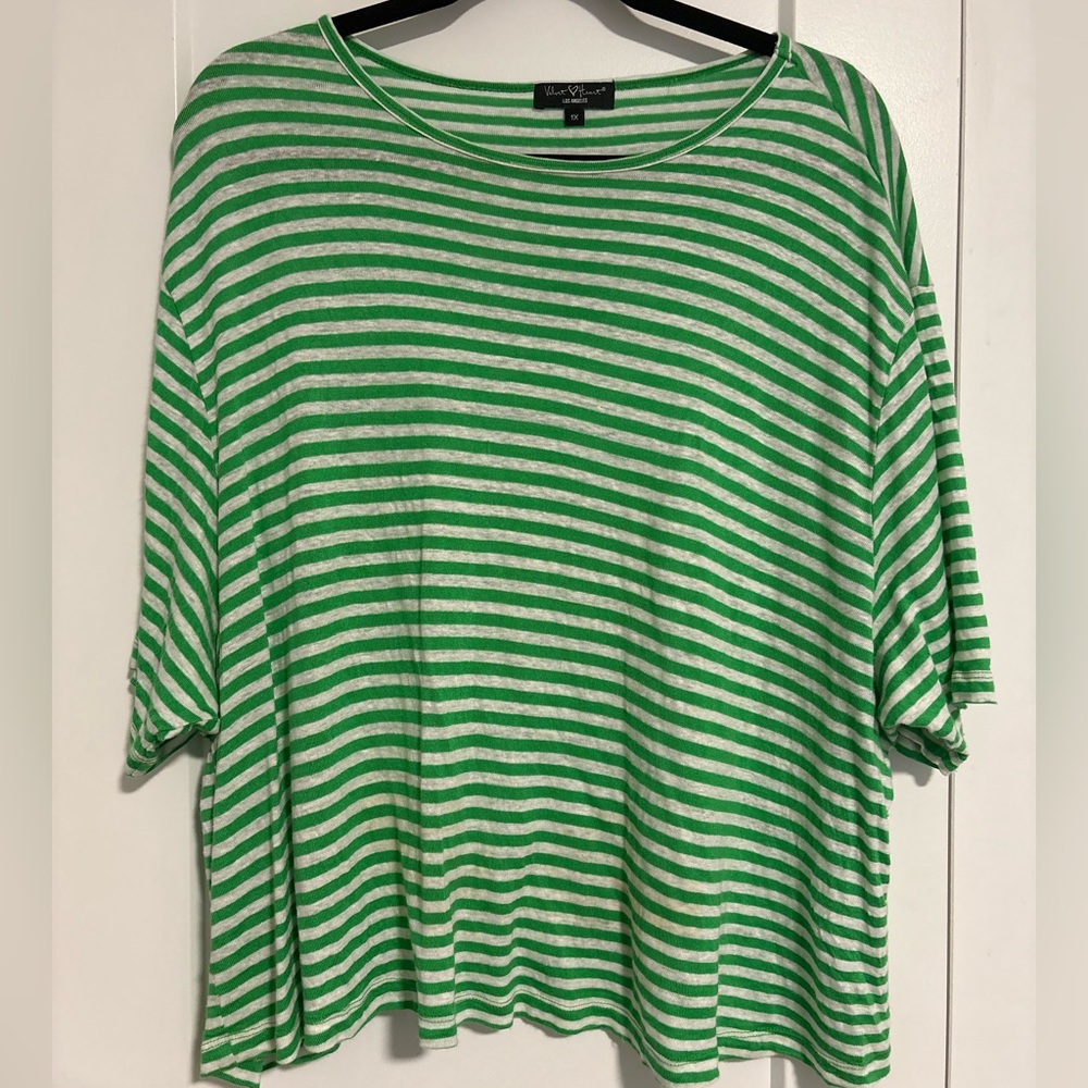 Velvet‎ Heart Green Striped Linen Blend Shirt Loose Short Sleeve Top Size 1X XL